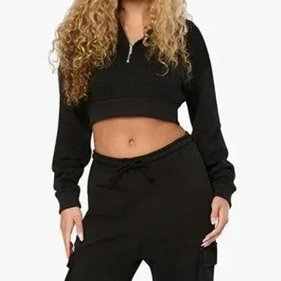 WeWoreWhat Sweaters - NWT WeWoreWhat Cropped Half Zip Fleece Cotton Hoodie Long Sleeve XS Black #4296